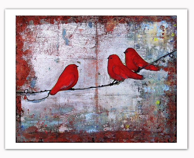 Art Print Ruby 8X10 Red Birds on a Wire Cozy Home and Garden, Fresh Trends