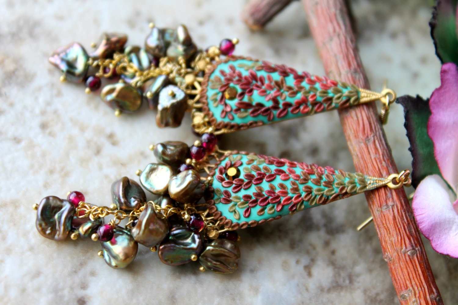 Vintage Brass and Swarovski, Lovely Golden Olive keishi pearls and garnet clay floral gold earrings - In the Molten Golden Sunlight