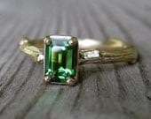 SALE: Emerald Cut Tourmaline Twig Ring in Gold, size 4.75