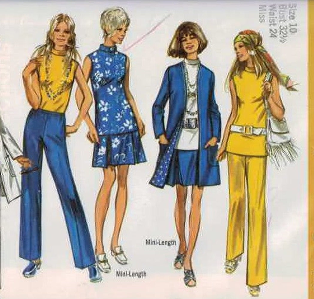 1970s Vintage Sewing Pattern Simplicity 9212 Pleated Mini Skirt Hip Hugger Pants Jacket Blouse Size 10 Bust 32 1/2 UNCUT 70s 1970