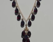 Vintage Rhodolite Garnet Necklace Faceted Drop Necklace - Accented with White Freshwater Pearls