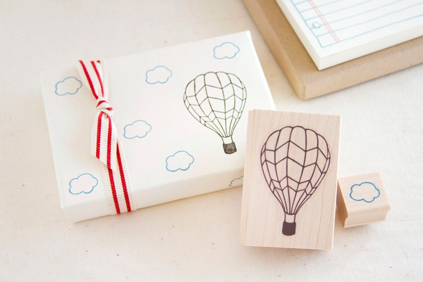 Hot Air Balloon and Little Cloud Rubber Stamp Set - Up, Up and Away - Fun Stamp To Color In - Scrapbook Cardmaking Gift Wrap