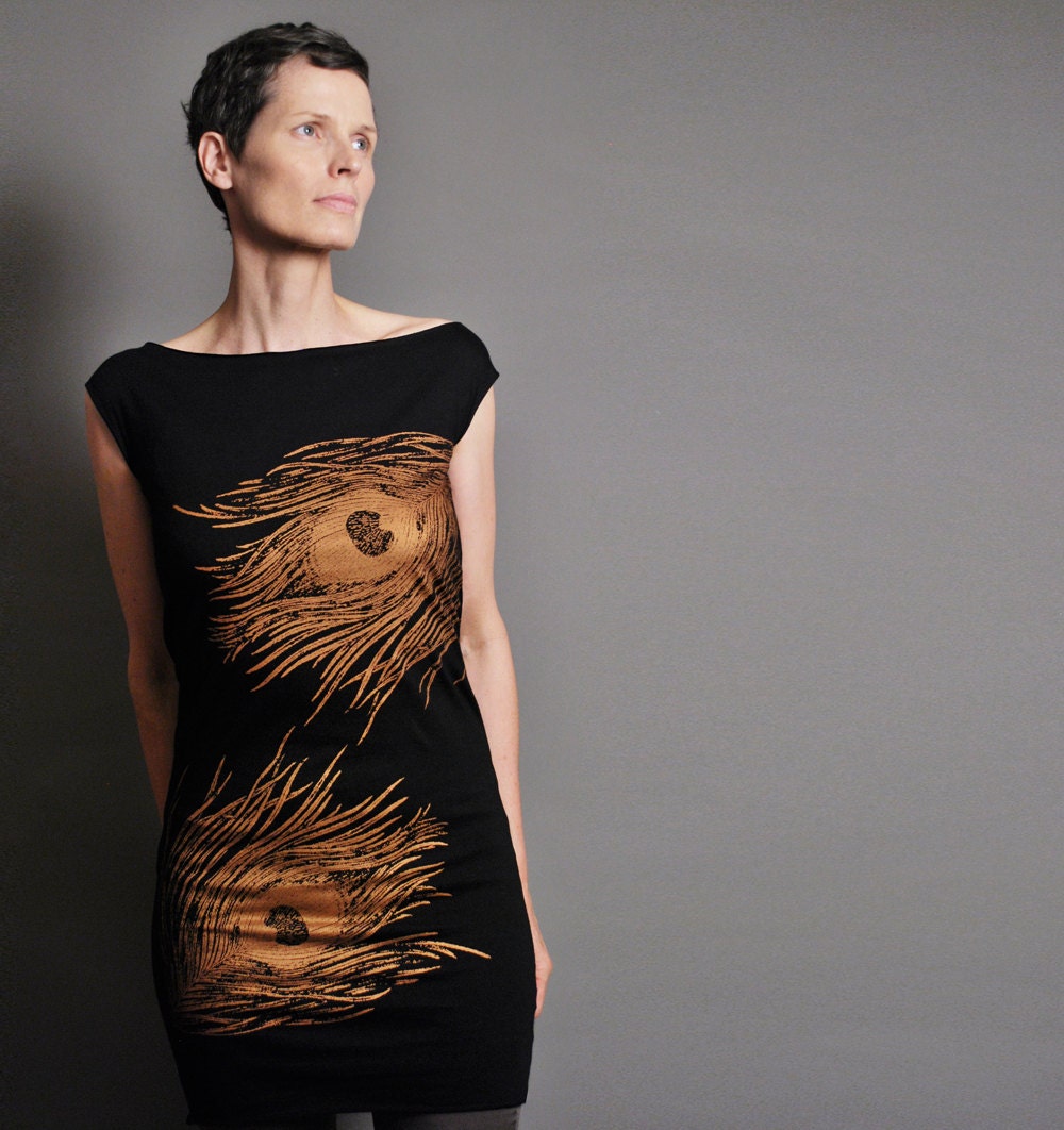 Womens Fashion Feather T Shirt  Dress - Party Dress - Winter -  Metallic Copper Peacock Print