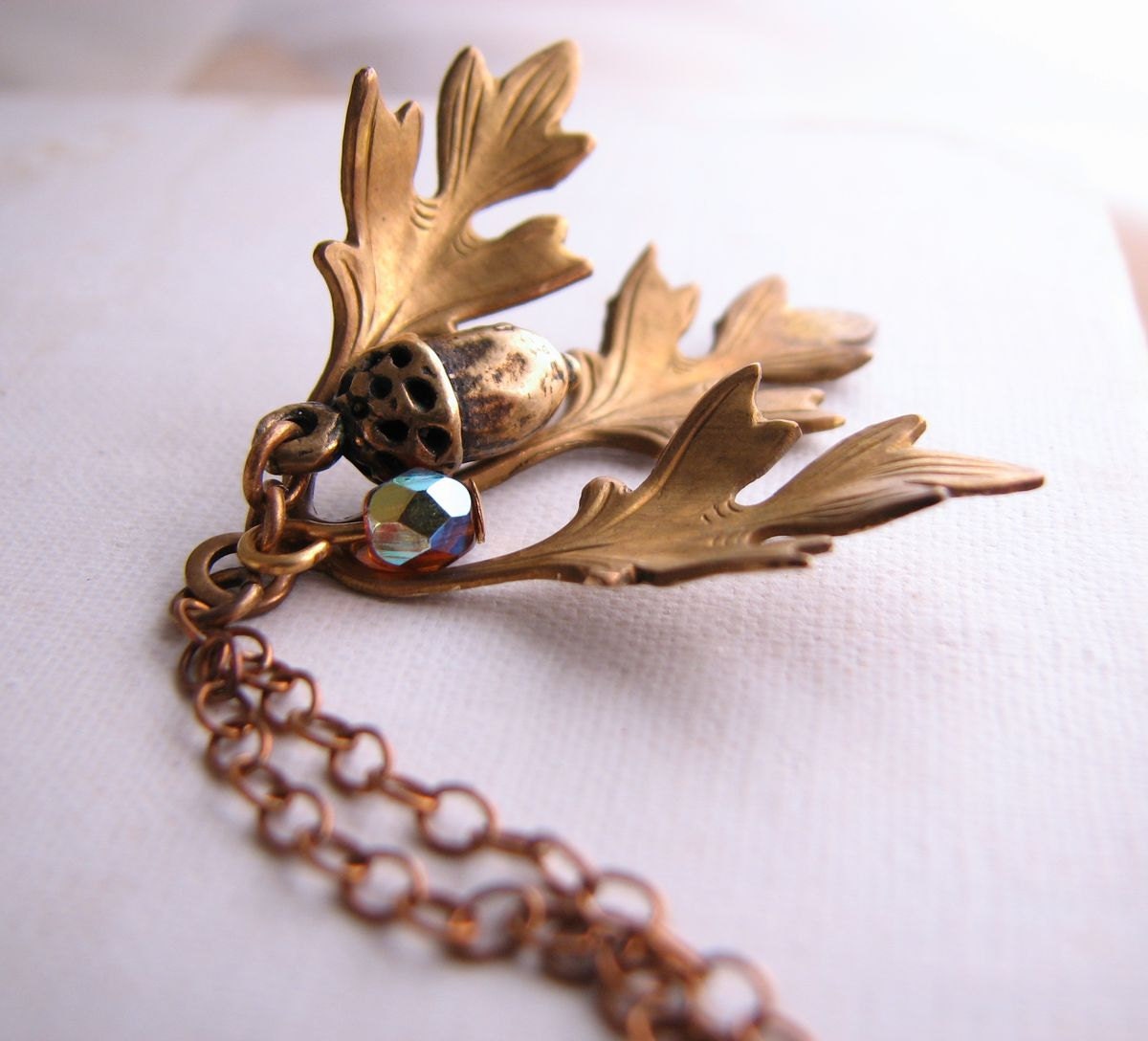 Oak  Leaves acorn pendant necklace with vintage chain