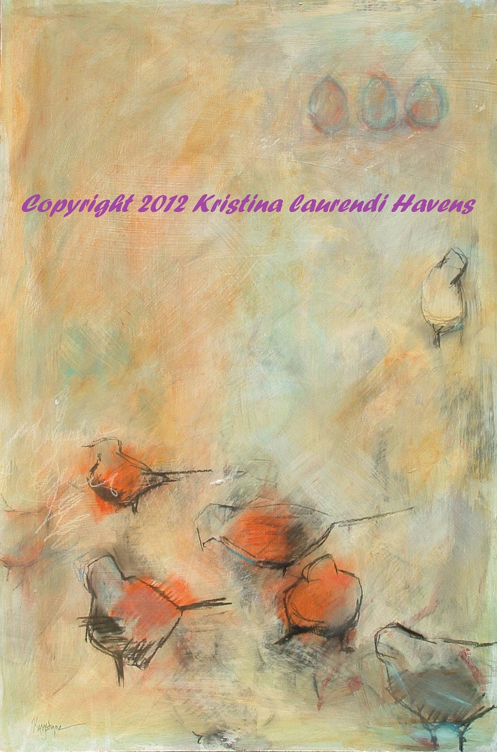 Orange Birds in Fall - Large Open Edition Fine Art Print - Mixed media Painting of Birds