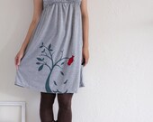 Heather Grey Party Dress - Greek Style Handmade Applique Dress - The bird and the falling leaves - size Medium