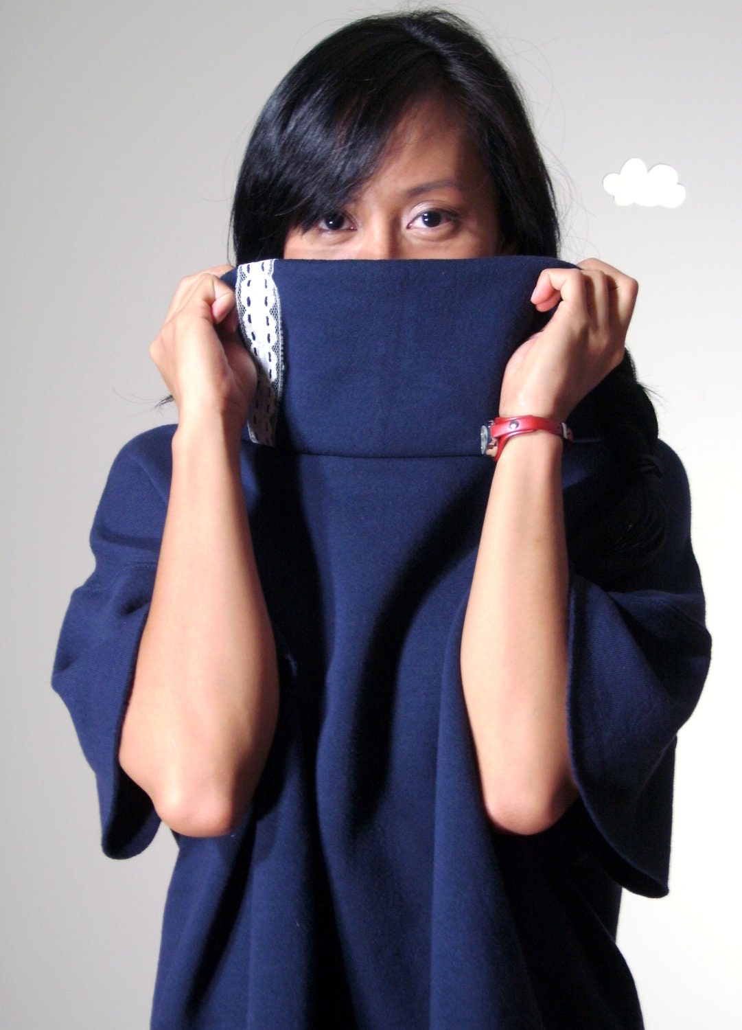 Custom cowl sweatshirt eco friendly lace buttons deep navy blue crop sweater made to order HIDE N SEEK