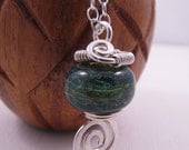 Emerald Green Lampwork Glass Pendant. Sterling Silver Scroll Necklace. Simple Wire Wrapped Pendant. Ready to Ship