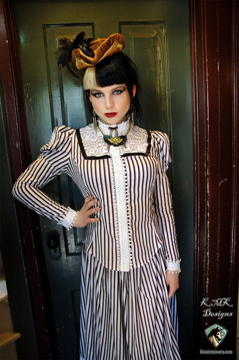 Steampunk Blouse Striped Brown and White Tim Burton Style-custom to your size