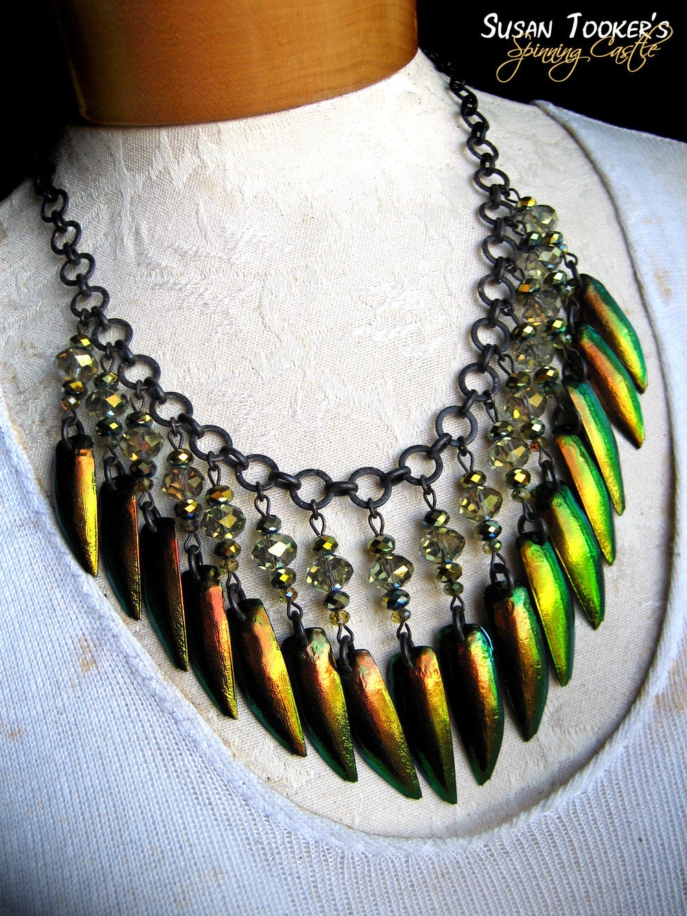 Fairy Elytra Jewel Beetle Wing Necklace Rare Copper Golden Green Color Sparkling Crystals SCARAB FANTASY by Spinning Castle
