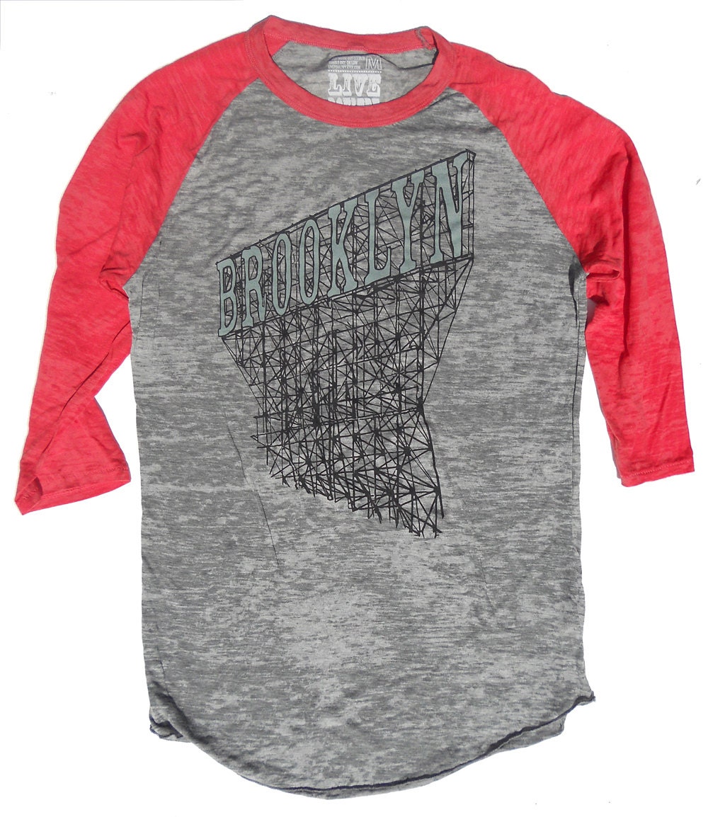 Baseball Shirt, Unisex Brooklyn Sign in Burnout Grey and Light Red - XS, S, M, L, XL