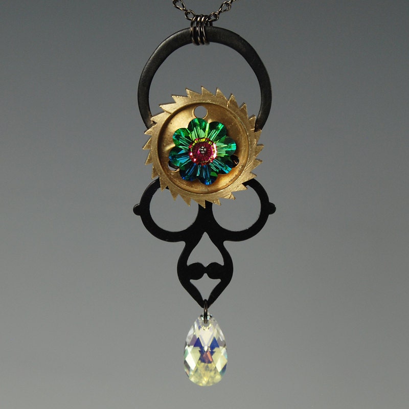 Rearview Mirror Sun catcher with vintage clock parts and vitrail medium Swarovski crystals