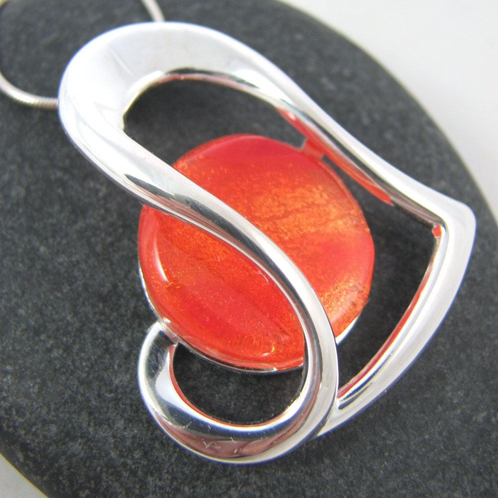 Orange Fused Glass and Silver Necklace - Midsummer Bonfire