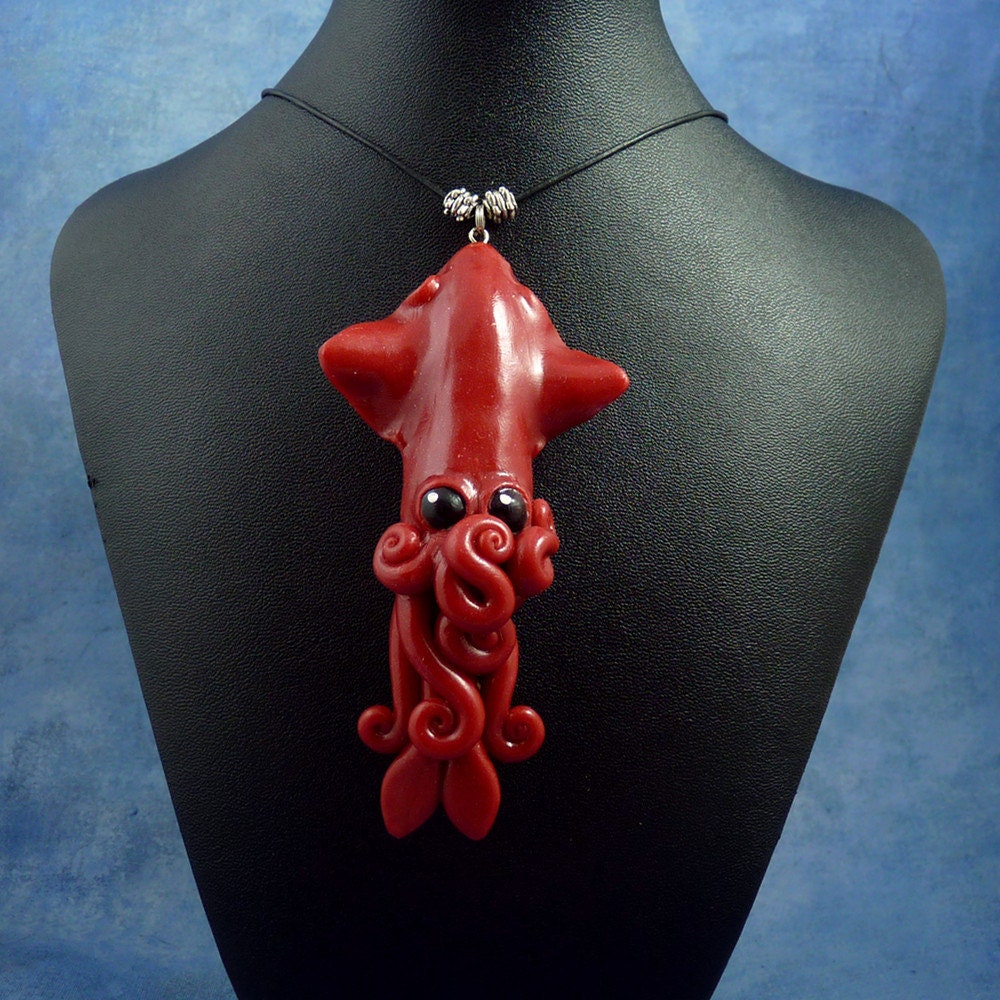 Burgundy Squid Necklace - Handmade Polymer Clay Jewelry