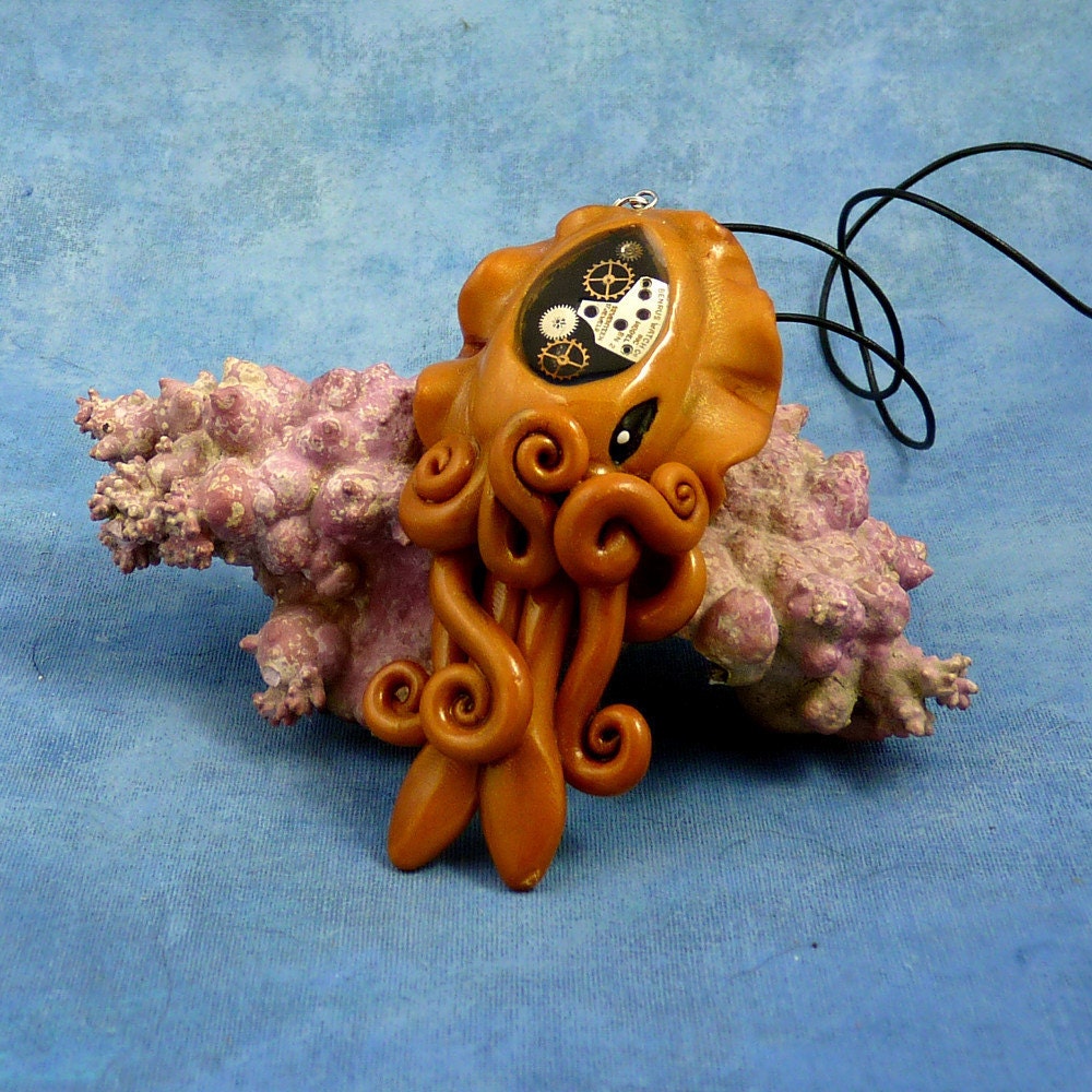 Brass Steampunk Cuttlefish Necklace,  Polymer Clay Neo-Victorian Jewelry