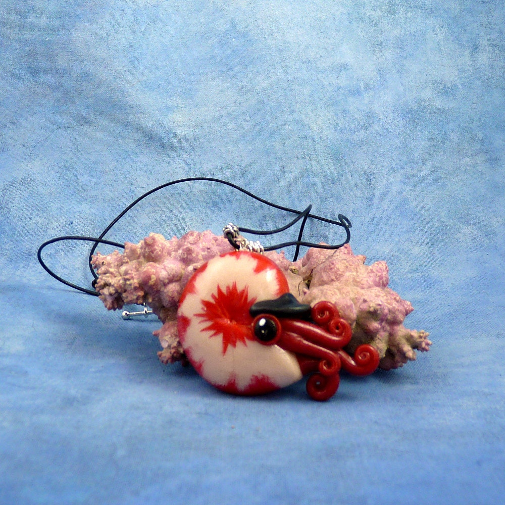 Burgundy Nautilus Necklace, Dark Red Polymer Clay Cephalopod Jewelry