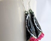 Long Bottlecap Earrings, black and pink, recycled bottlecap earrings, eco friendly jewelry, cone earrings