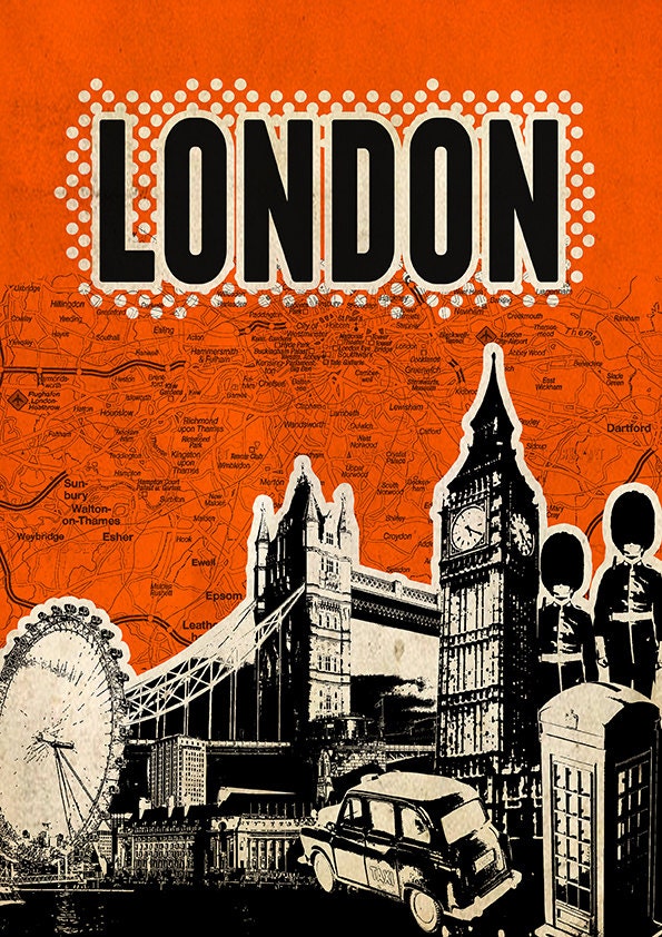 London Print art Poster print Cityscape artwork  Mixed Media art on canvas Handmade Wall Decor typography print