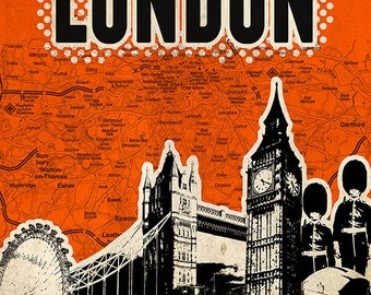 London Print art Poster print Cityscape artwork  Mixed Media art on canvas Handmade Wall Decor typography print