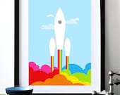 Poster print retro rainbow rocket print Mid century modern space ship nursery art - Rainbow Rocket  A3