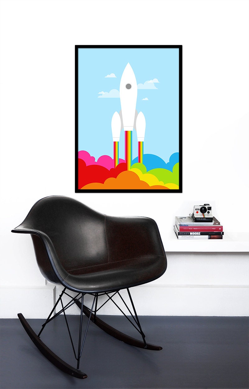Retro poster rainbow print space rocket mid century modern nursery art kids bedroom office - Rainbow Rocket - 50 x 70 cm