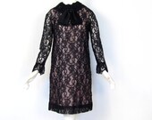 1960s Lace Dress / 60s Dress / Black Lace Dress / Satin Bow / Medium M