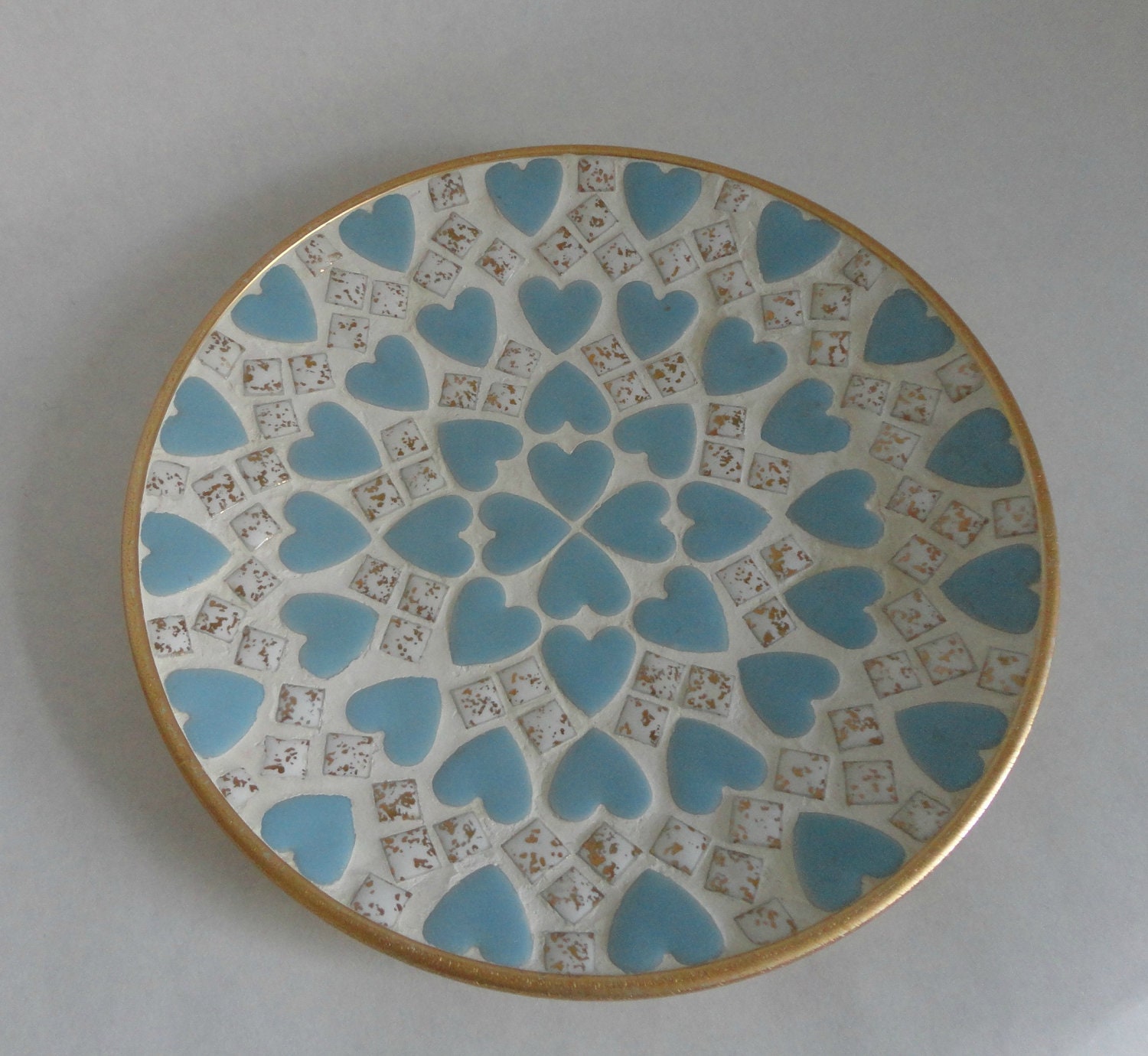 VINTAGE blue / white / gold MOSAIC hearts BOWL