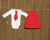 Brother Sister Matching .STELLA. A Line Red Chevron Jumper Dress and Tie T-shirt or Onesie. Christmas. Valentines Day.