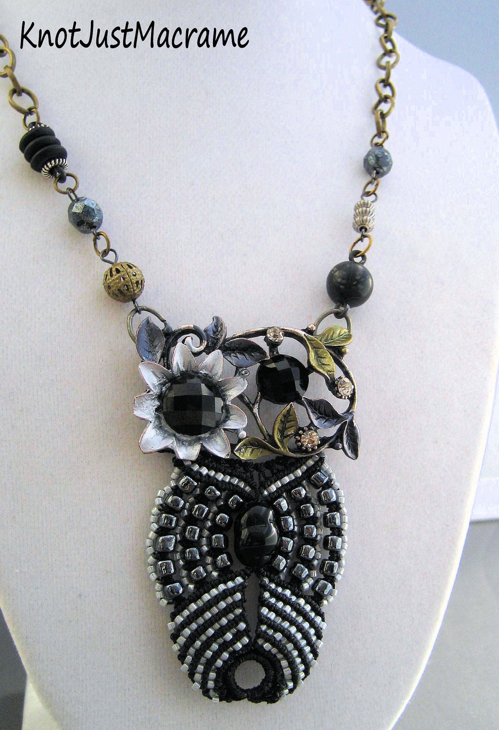 Beaded Macrame Owl Pendant Necklace in Elegant Black