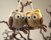 Birthday ornaments Needle felted 2 owls hanging crochet branch gift Mother's day children bedroom decor fantasy bird gray beige eco friendly