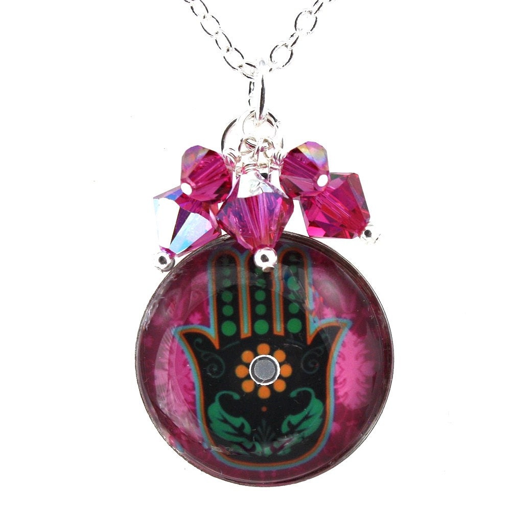 Round Glass Tile Dome Swarovski Cluster Pendant - Art Deco Fuschia