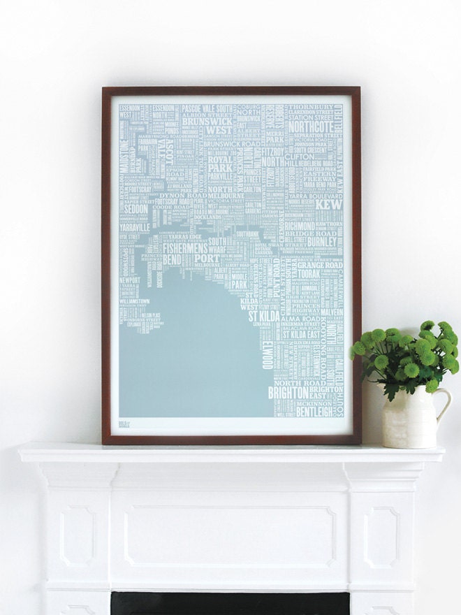 Melbourne Type Map in Duck Egg Blue - Decorative Screen Print