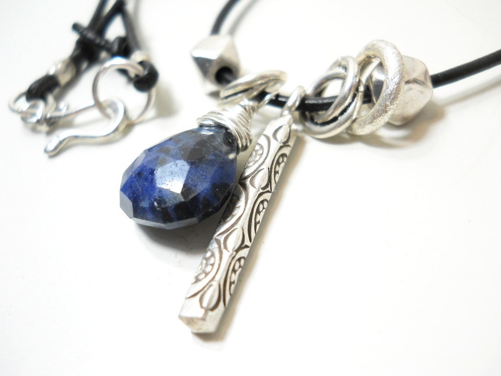Sterling Gemstone Leather Necklace, Denim Blue, Leather, Summer Jewelry, Sterling Silver, Charm, Rustic Fashion