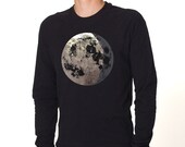 Unisex Adult Moon Raglan - almost full moon graphic with crescent, metallic silver foil screenprint, black long sleeve pullover shirt