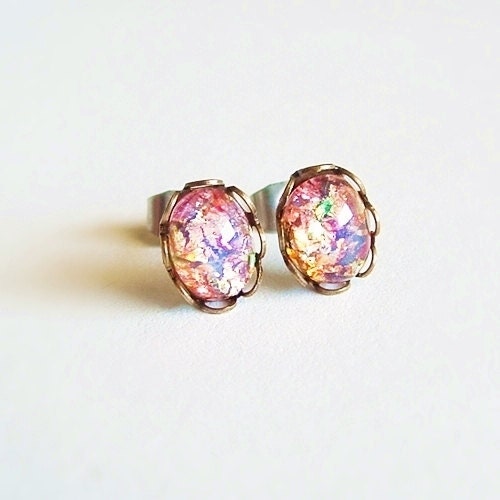 Tiny Fire Opal Post Earrings Small Vintage Glass Studs Hypoallergenic Opal Jewelry