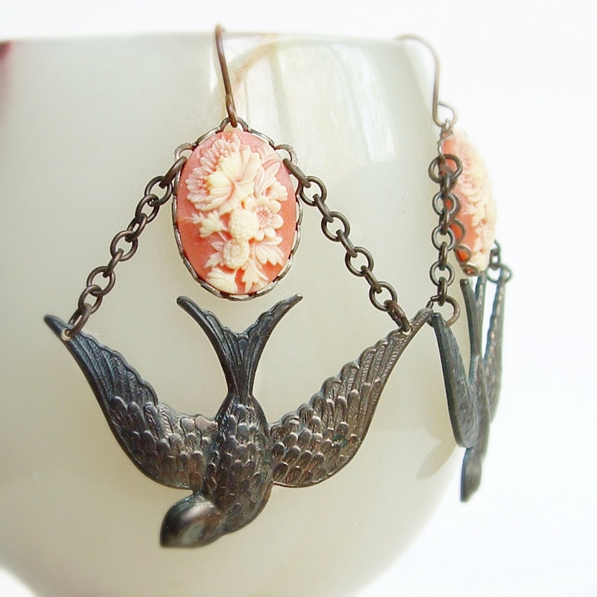 Large Bird Earrings Antiqued Brass Swallows Vintage Floral Cameos Victorian Jewelry