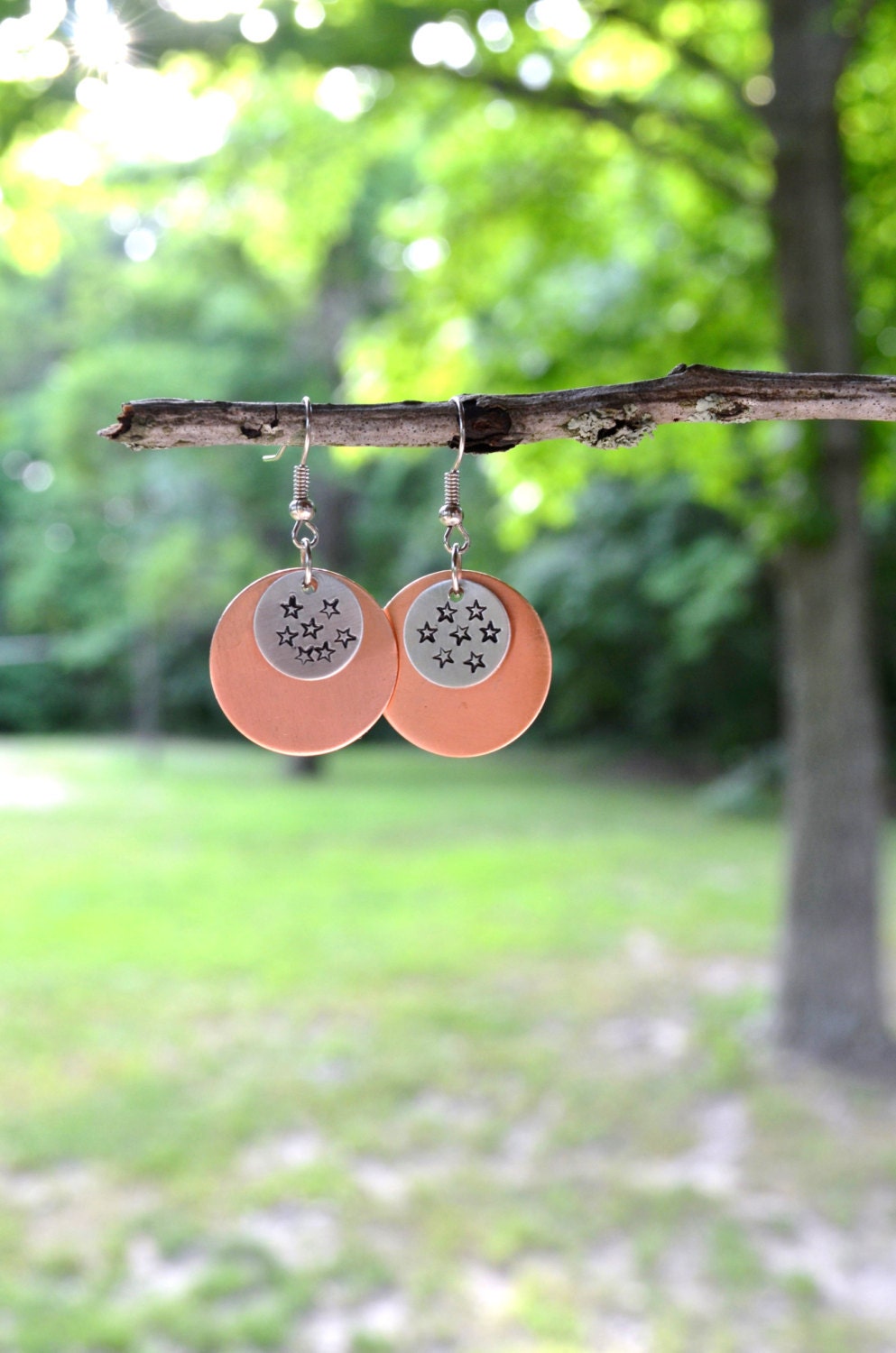 Dark Star Earrings - Rustic - Modern - Stars - Copper - Silver - Aluminum - Circles - Geometric - For Her  - Metal Stamping - One of a Kind