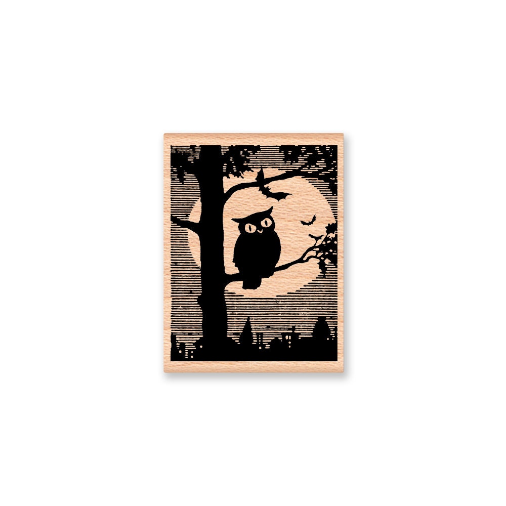 Owl in the Moon- wood mounted rubber stamp