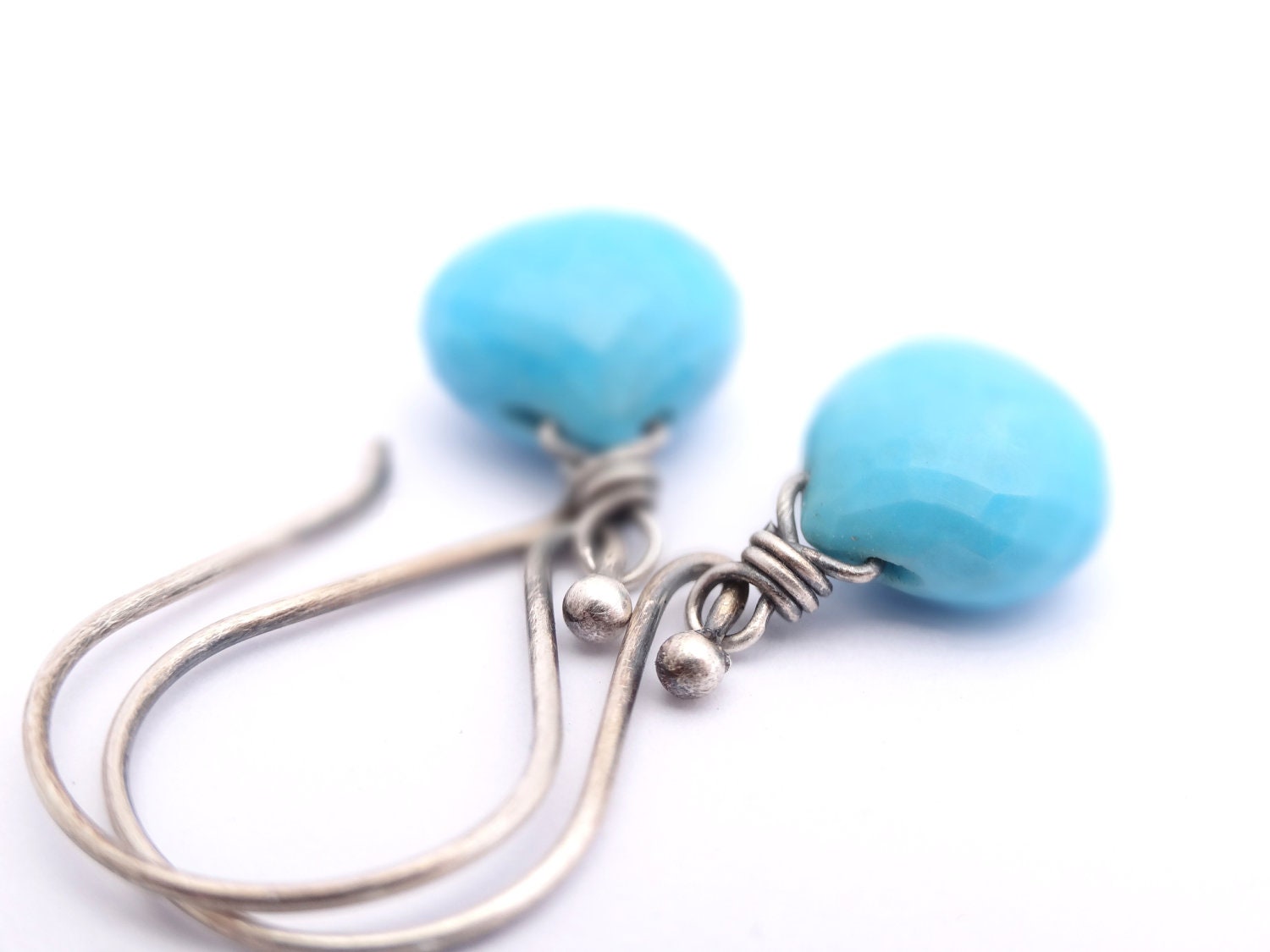Turquoise Earrings small faceted briolette oxidized sterling silver wire wrapped jewelry bright blue gemstone drop earrings
