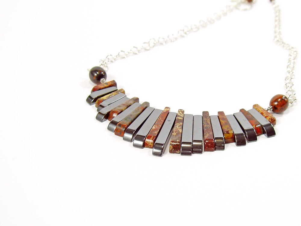 Fan Necklace, Egyptian Style, Statement Necklace, Jasper Jewellery, Sterling Silver