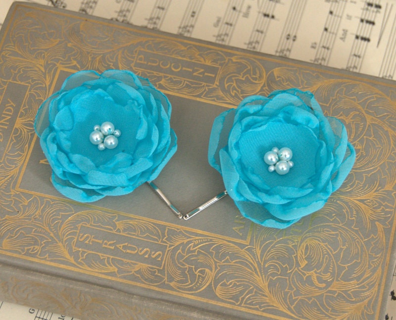 Bebe - Teal Blue Chiffon Fabric Flower Hair Pins with Pearls on a Silver Bobby Pin
