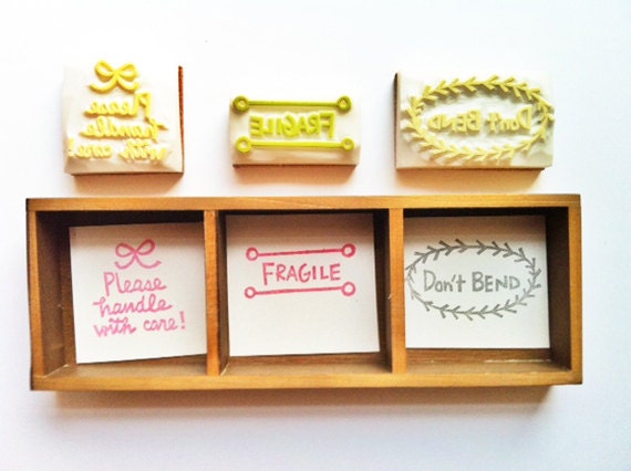 airmail rubber stamp -  hand carved rubber stamp - fragile/dont bend/ handle with care - set of 3 - mounted - READY TO SHIP