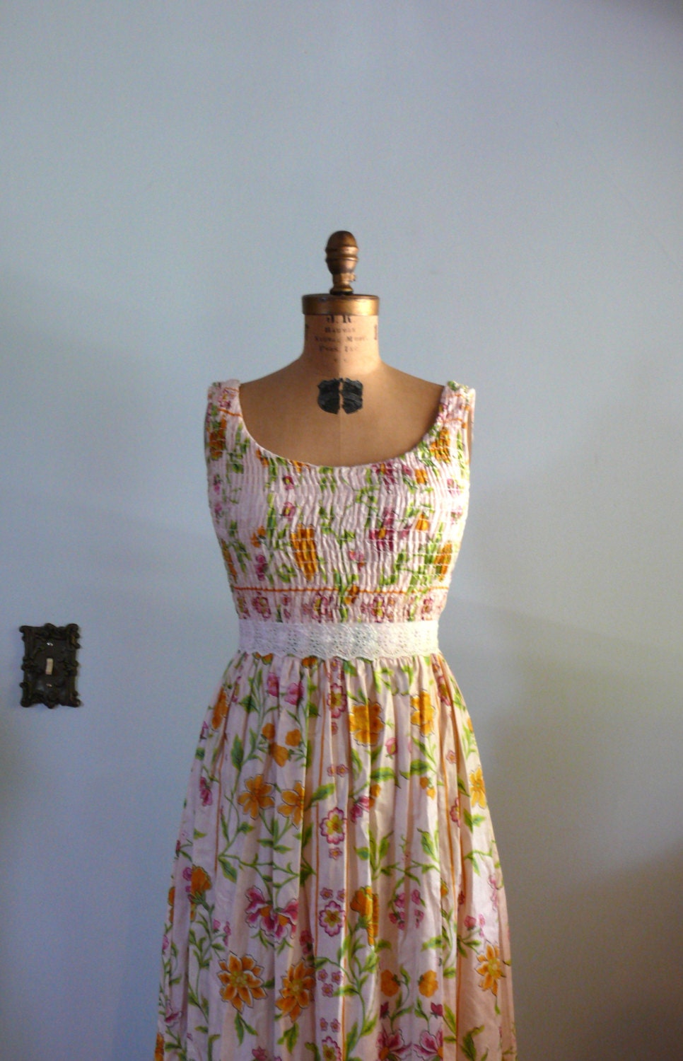 vintage 1960s Dress  // Floral Maxi Dress with Smocked Bodice