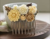 An Ivory Chrysanthemum, Ivory Rose, Brown, Leaf, Vintage Style Collage Flower Hair Comb. Maid Of Honor, Bridesmaids Hair comb,  Wedding.