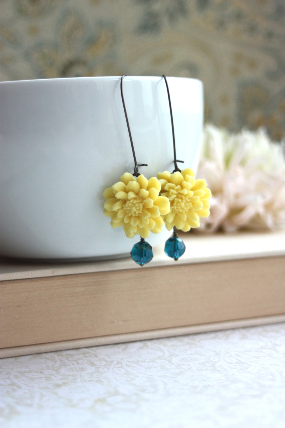Summer Romantic Country Bright Yellow Mum Rose Flower, Blue Glass Bead Dangle Drop Earrings. Statement. Gifts for Her. Nature Garden.
