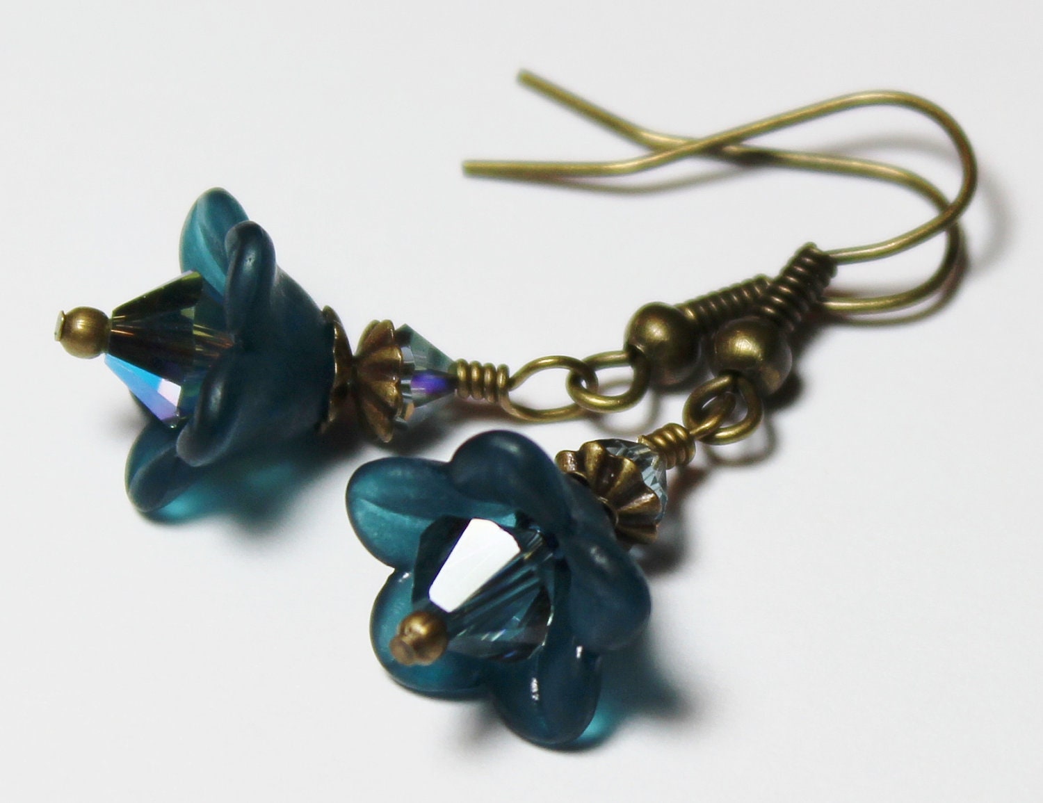 Handmade Jewelry Earrings Beaded Matte Lucite Flower Crystal Dangle Teal Sapphire Antique Brass...Delphinium Summer Blues