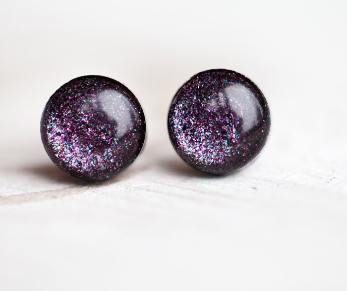 Deep purple glitter stud earrings - Galaxy - Special Christmas jewelry line (E119)
