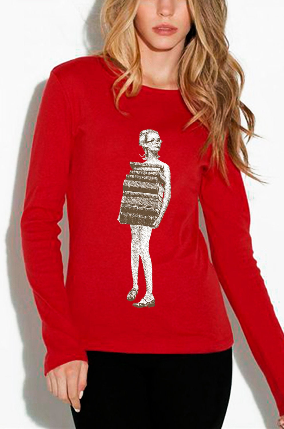 book shirt - vintage design JUST BOOKS shirt - women's red crew neck book long sleeve t-shirt