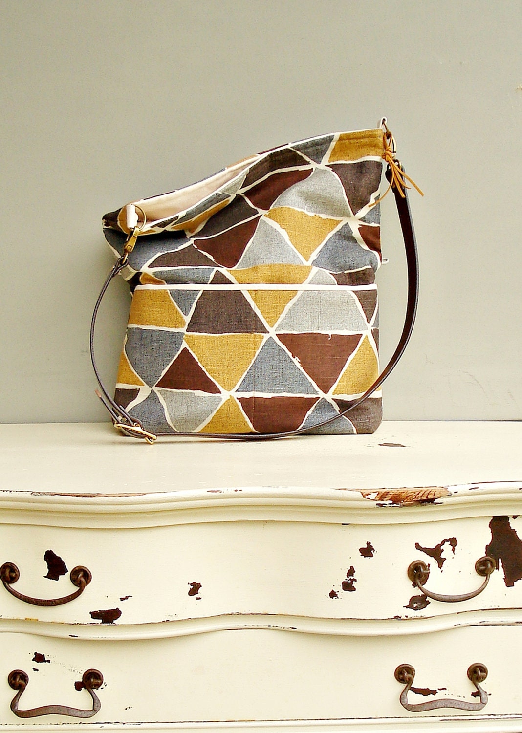 Geometric Triangle Tote Bag -Choose Your Strap - Grey, Brown and Mustard Gold - Messenger Bag - Leather Strap Foldover Hobo Bag - (no3) - MondayMorningStudios Geometric Triangle Tote Bag -Choose Your Strap - Grey, Brown and Mustard Gold - Messenger Bag - Leather Strap Foldover Hobo Bag - (no3) - MondayMorningStudios