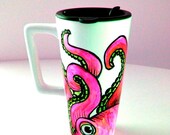 Ceramic Travel Mug with handle Pink Octopus Eco Friendly sea creature tentacles kraken white black 16 oz